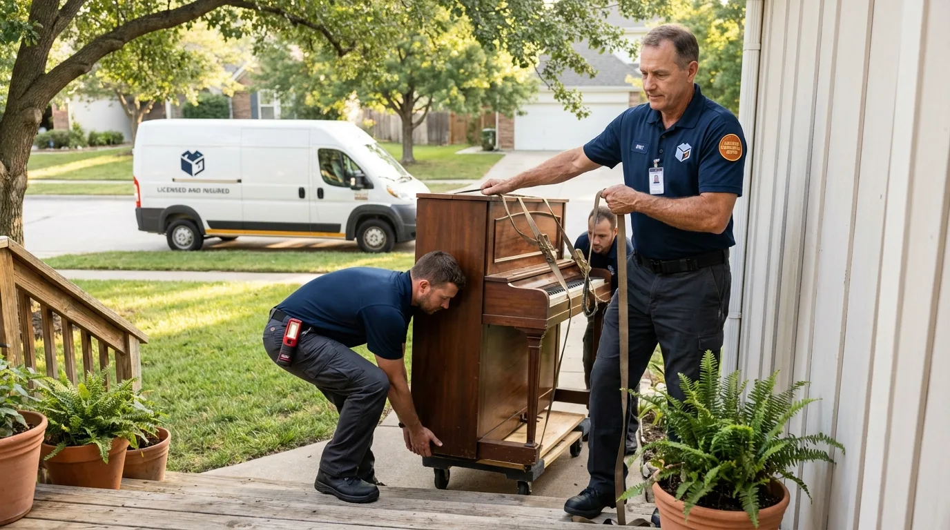 Licensed piano movers securing grand piano in Peru, IL