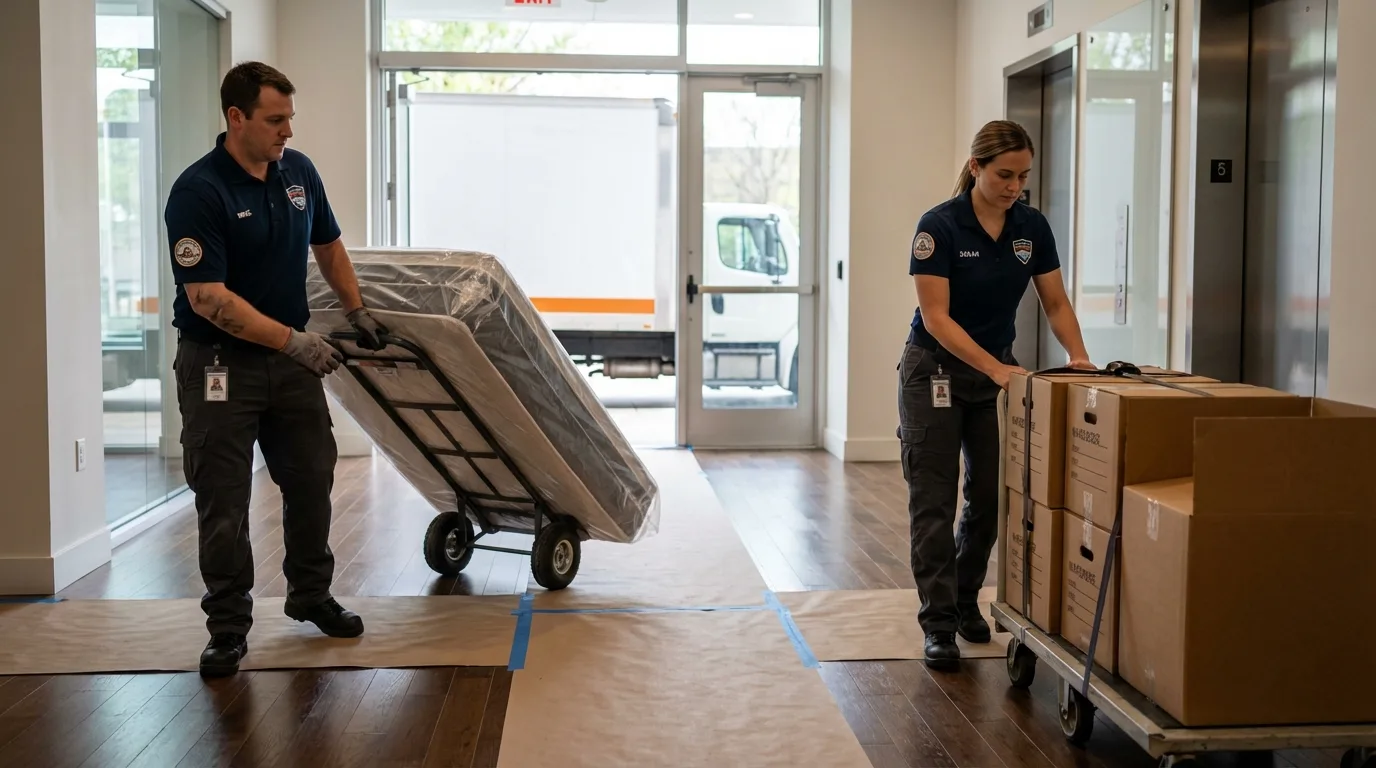 Professional apartment movers loading elevator in Peru, IL