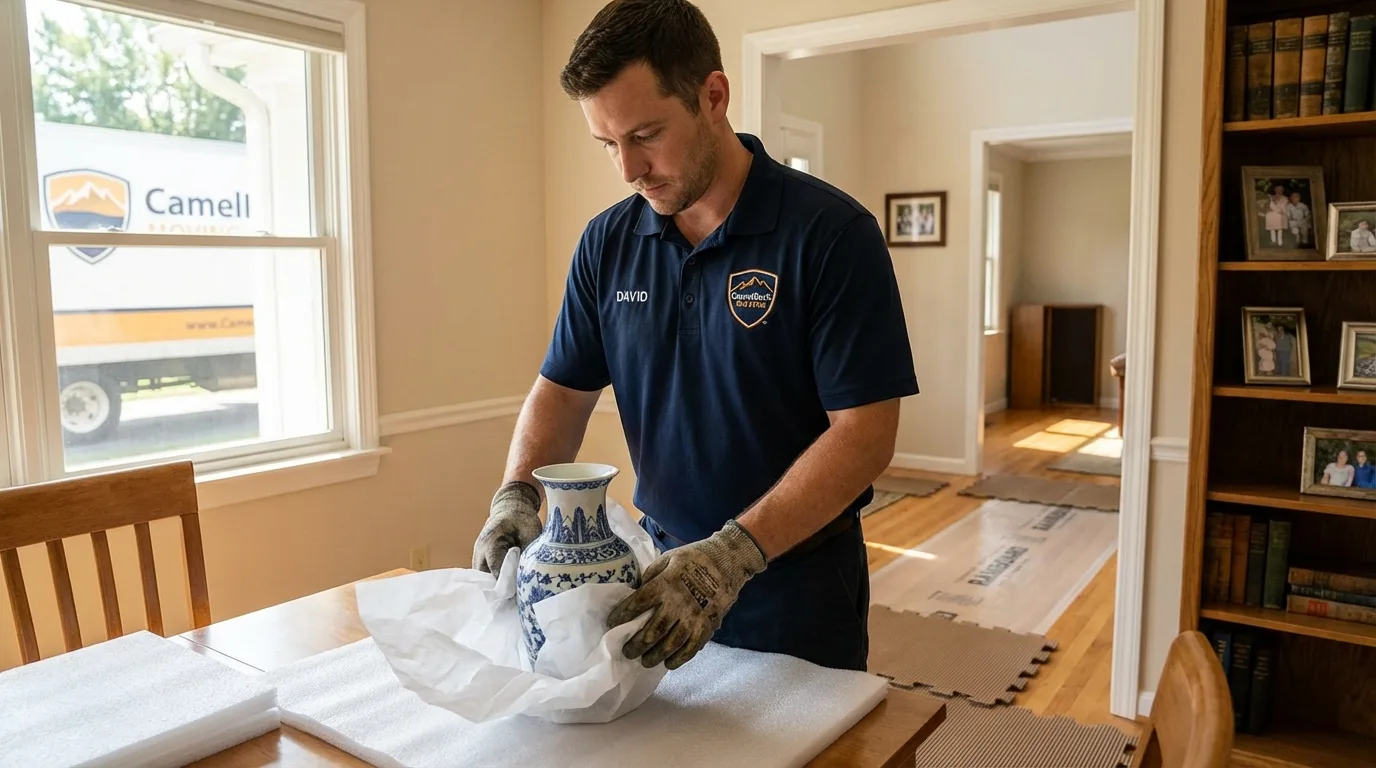 Professional crew carefully wrapping antique vase for senior downsizing move in Peru, IL