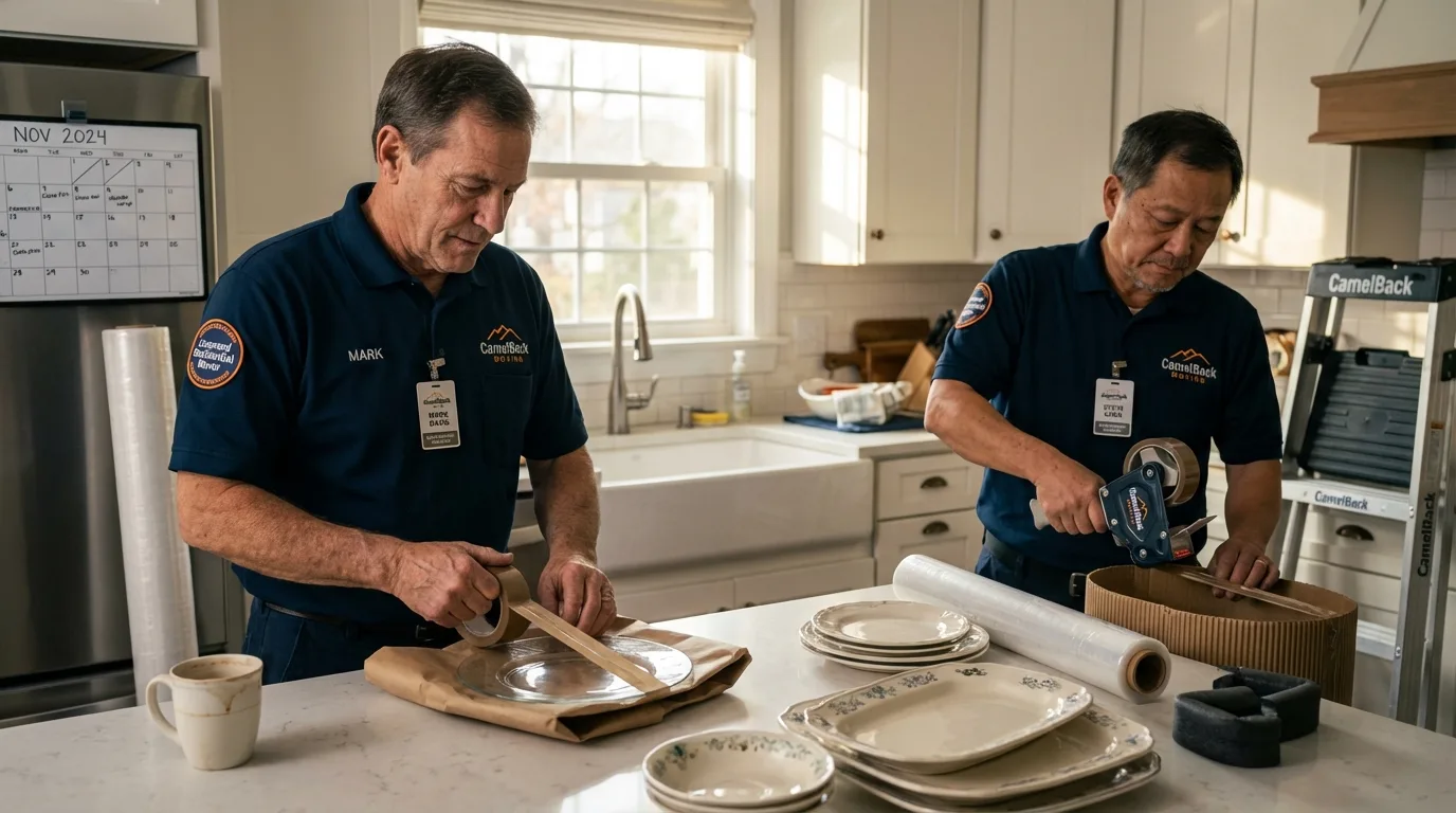 Professional crew packing kitchen dishware in Peru, IL